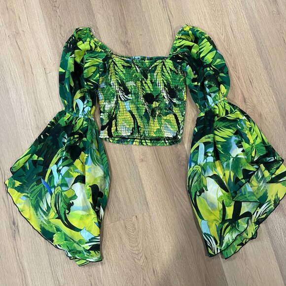 Live 4 Truth Off Shoulder Long Sleeve Green Floral Rave Festival Top Size Small - Picture 9 of 10